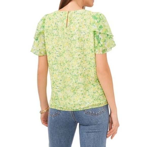 VINCE CAMUTO Blooming Brights Floral Ruffle Flutter Short Sleeve Blouse Medium - Picture 9 of 11